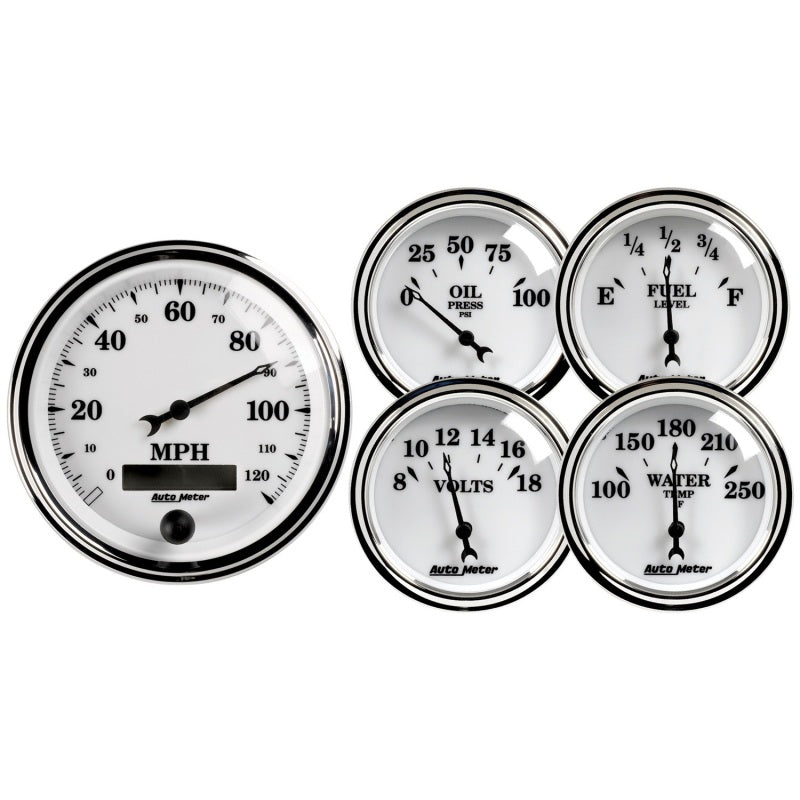 Autometer Old Tyme White II 5 Piece Kit (Elec Speed/Oil Press/Water Temp/Volt/Fuel Level) - Burkken Auto Parts
