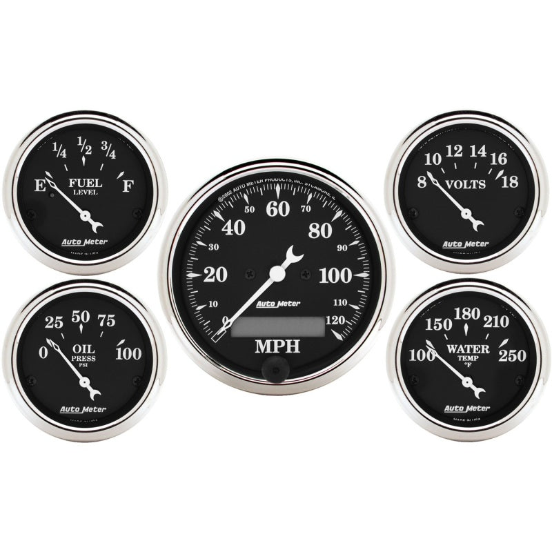AutoMeter Gauge Kit 5 Pc. 3-1/8in. & 2-1/16in. Elec. Speedometer Old Tyme Black - Burkken Auto Parts