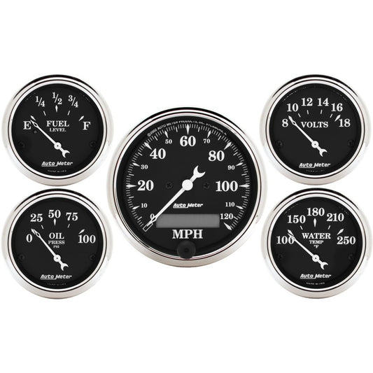 AutoMeter Gauge Kit 5 Pc. 3-1/8in. & 2-1/16in. Elec. Speedometer Old Tyme Black - Burkken Auto Parts