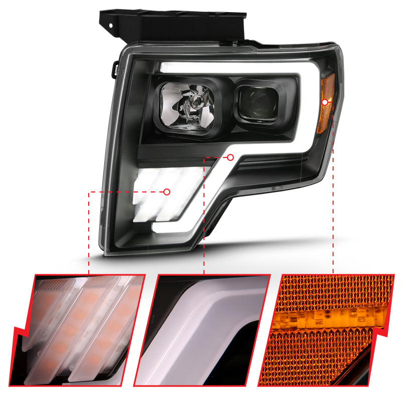ANZO 2009-2013 Ford F-150 Projector Light Bar G4 Switchback Headlights Black Amber - Burkken Auto Parts