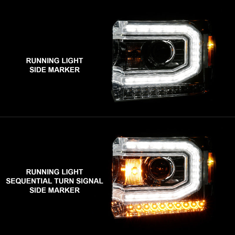 ANZO 2014-2015 GMC Sierra 1500 Projector Headlights w/ Light Bar Chrome Housing (Halogen Type) - Burkken Auto Parts