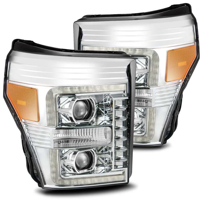 AlphaRex 11-16 Ford F-350 SD LUXX LED Proj Headlights Plank Style Chrm w/Activ Light/Seq Signal/DRL - Burkken Auto Parts