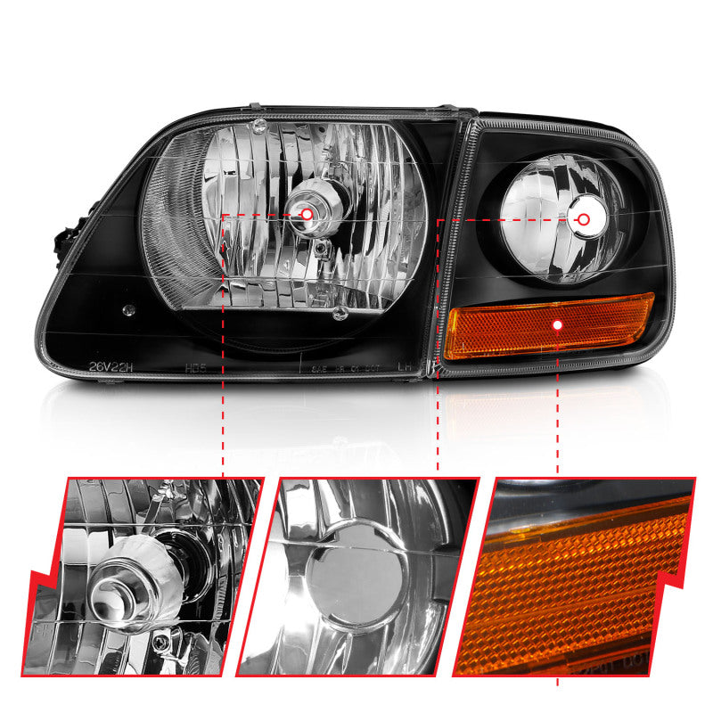 ANZO 1997-2003 Ford F150 Crystal Headlight Black w/ Parking Light - Burkken Auto Parts