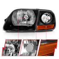 ANZO 1997-2003 Ford F150 Crystal Headlight Black w/ Parking Light - Burkken Auto Parts