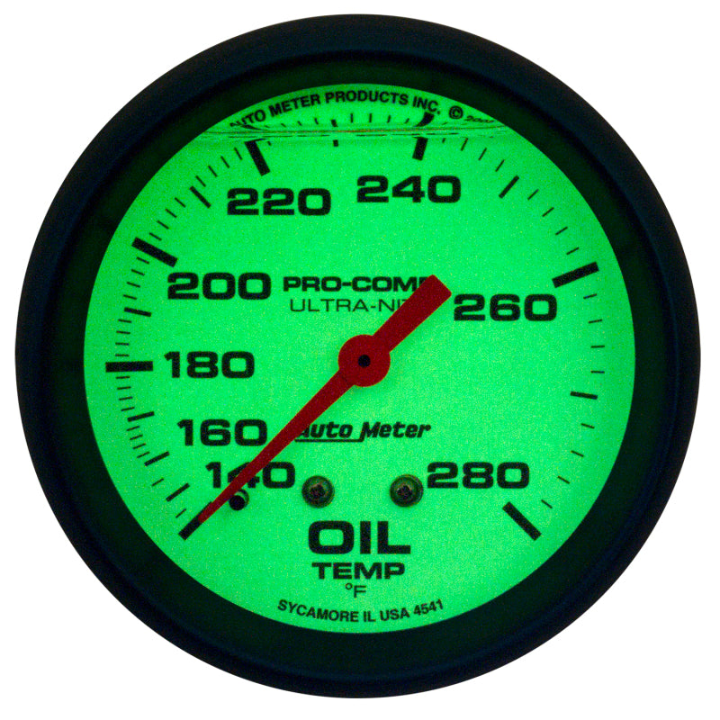 AutoMeter Gauge Oil Temp 2-5/8in. 140-280 Deg. F Liquid Filled Mech Glow In Dark Ultra-Nite - Burkken Auto Parts