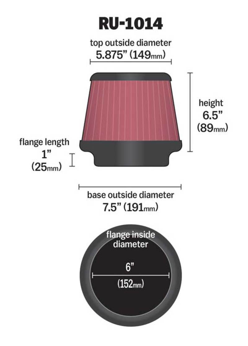 K&N Universal Tapered Filter 6in Flange ID x 7.5in Base OD x 5.875in Top OD x 6.5in Height - Burkken Auto Parts