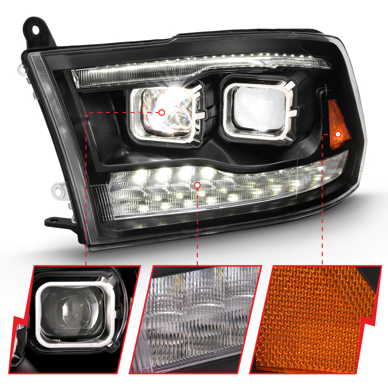 ANZO 2009-2018 Dodge Ram 1500 Led Projector Plank Style Switchback H.L Halo Black Amber (OE Style) - Burkken Auto Parts