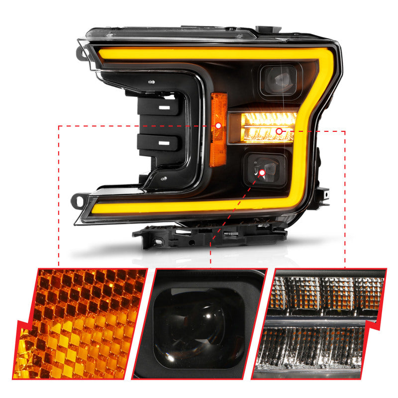 ANZO 18-20 Ford F-150 (w/o Fctry LED) Full LED Proj Headlights w/Light Bar Swtchbk Seq. Black w/Init - Burkken Auto Parts