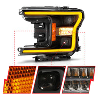 ANZO 18-20 Ford F-150 (w/o Fctry LED) Full LED Proj Headlights w/Light Bar Swtchbk Seq. Black w/Init - Burkken Auto Parts