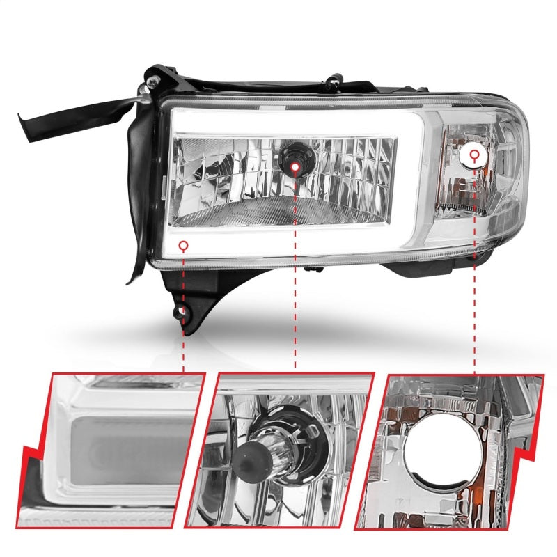 ANZO 94-02 Dodge RAM Crystal Headlight - w/ Light Bar Chrome Housing - Burkken Auto Parts