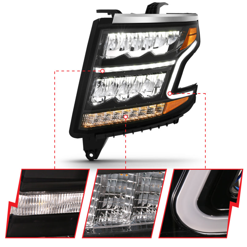 ANZO 15-20 Chevy Tahoe/Suburban LED Light Bar Style Headlights Black w/Sequential w/DRL w/Amber - Burkken Auto Parts