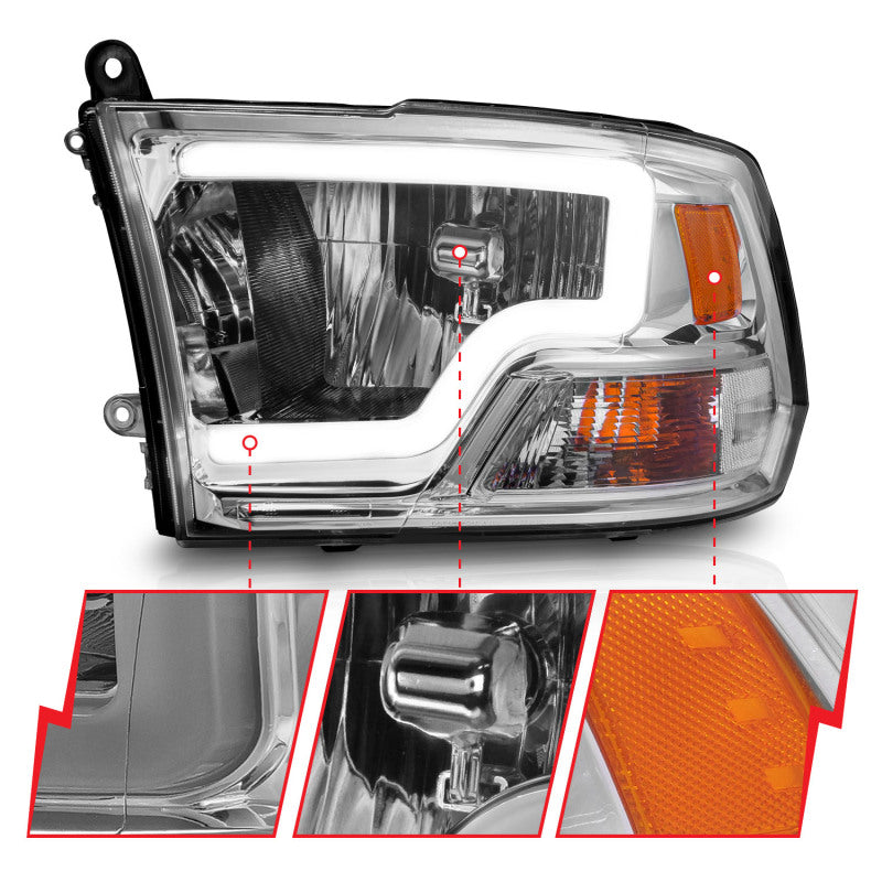 ANZO 2009-2018 Dodge Ram 1500/ 2500/ 3500 Crystal Headlights w/ Light Bar Chrome Housing - Burkken Auto Parts