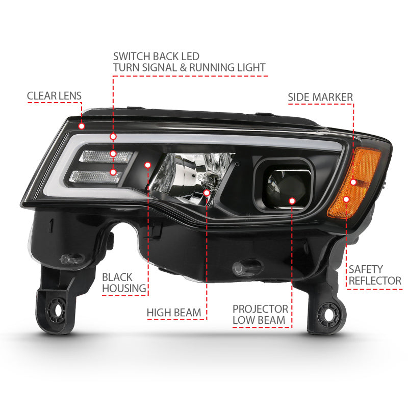 ANZO 2017-2018 Jeep Grand Cherokee Projector Headlights w/ Plank Style Switchback - Black w/ Amber - Burkken Auto Parts