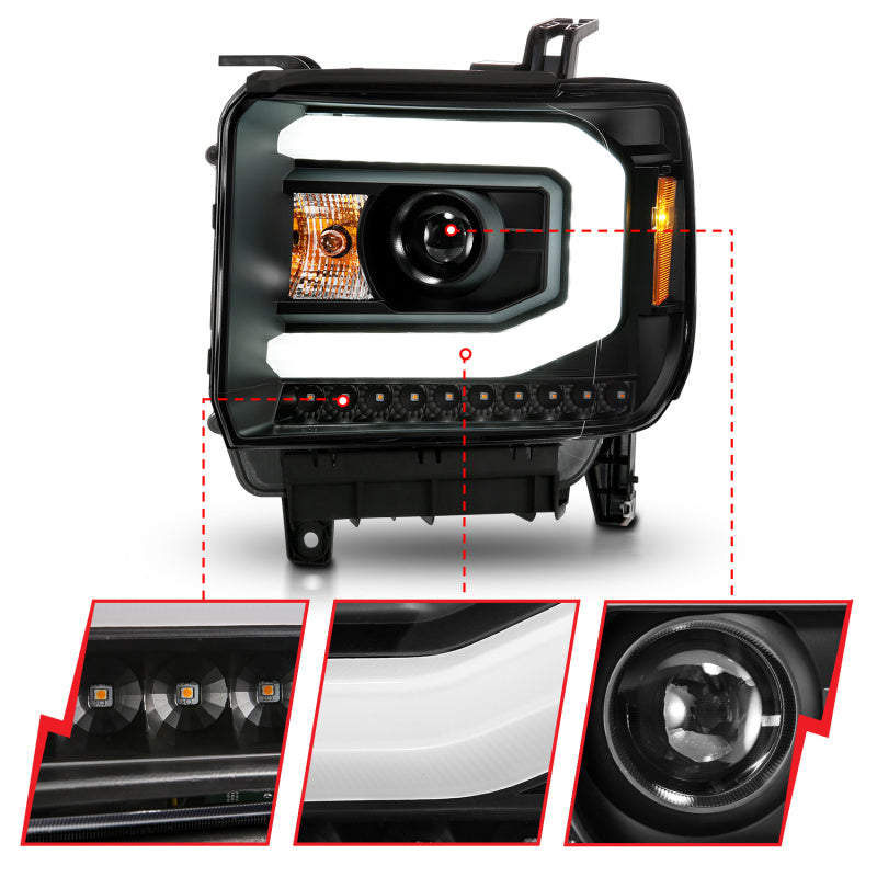ANZO 2014-2015 GMC Sierra 1500 Projector Headlights w/ Light Bar Black Housing (Halogen Type) - Burkken Auto Parts