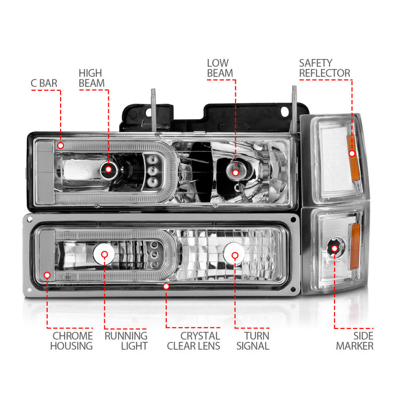 ANZO 88-98 Chevrolet C1500 Crystal Headlights w/Light Bar Chrome Housing w/ Signal Side Markers 8Pcs - Burkken Auto Parts