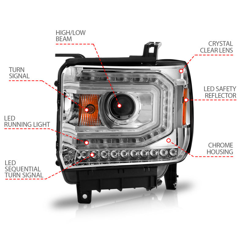ANZO 2014-2015 GMC Sierra 1500 Projector Headlights w/ Light Bar Chrome Housing (Halogen Type) - Burkken Auto Parts
