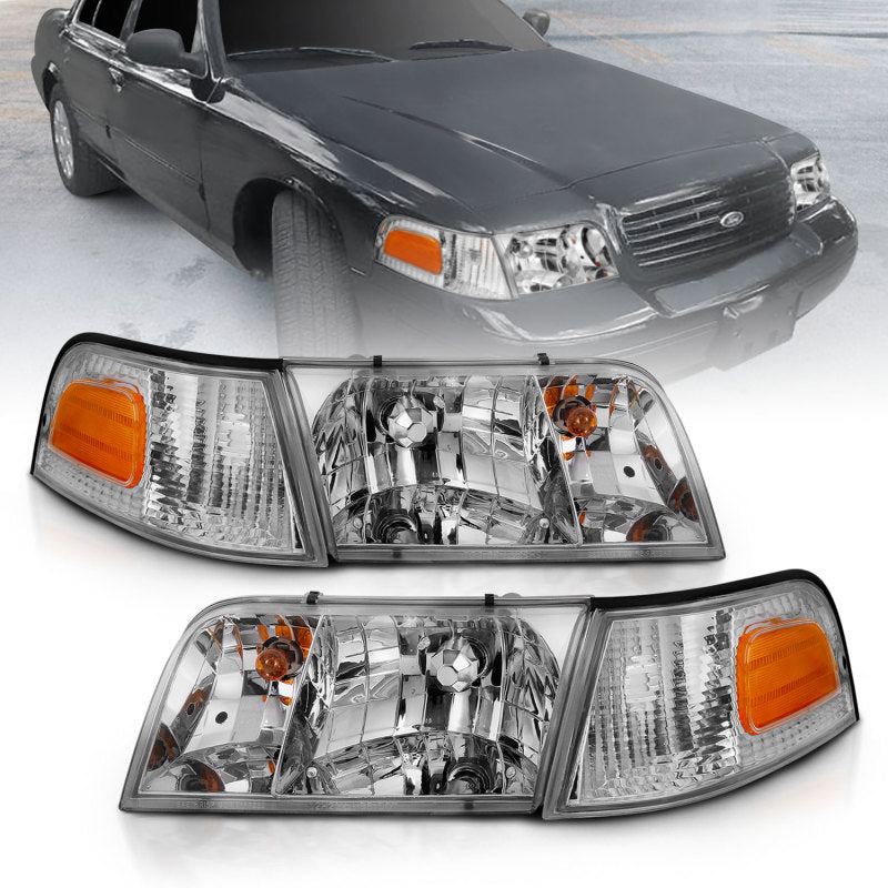 ANZO 1998-2005 Ford Crown Victoria Crystal Headlight Chrome With Bumper Light (OE) - Burkken Auto Parts