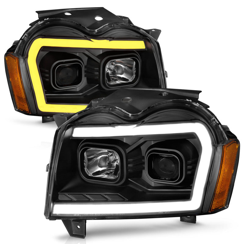 ANZO 2005-2007 Jeep Grand Cherokee Projector Headlights w/ Light Bar Switchback Black Housing - Burkken Auto Parts