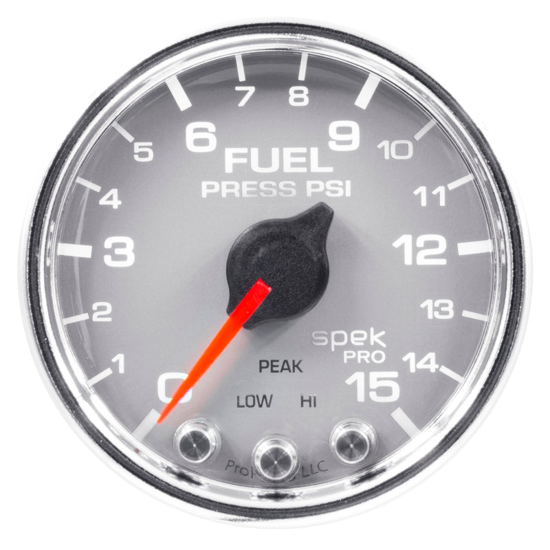 Autometer Spek-Pro Gauge Fuel Press 2 1/16in 15psi Stepper Motor W/Peak & Warn Slvr/Chrm - Burkken Auto Parts