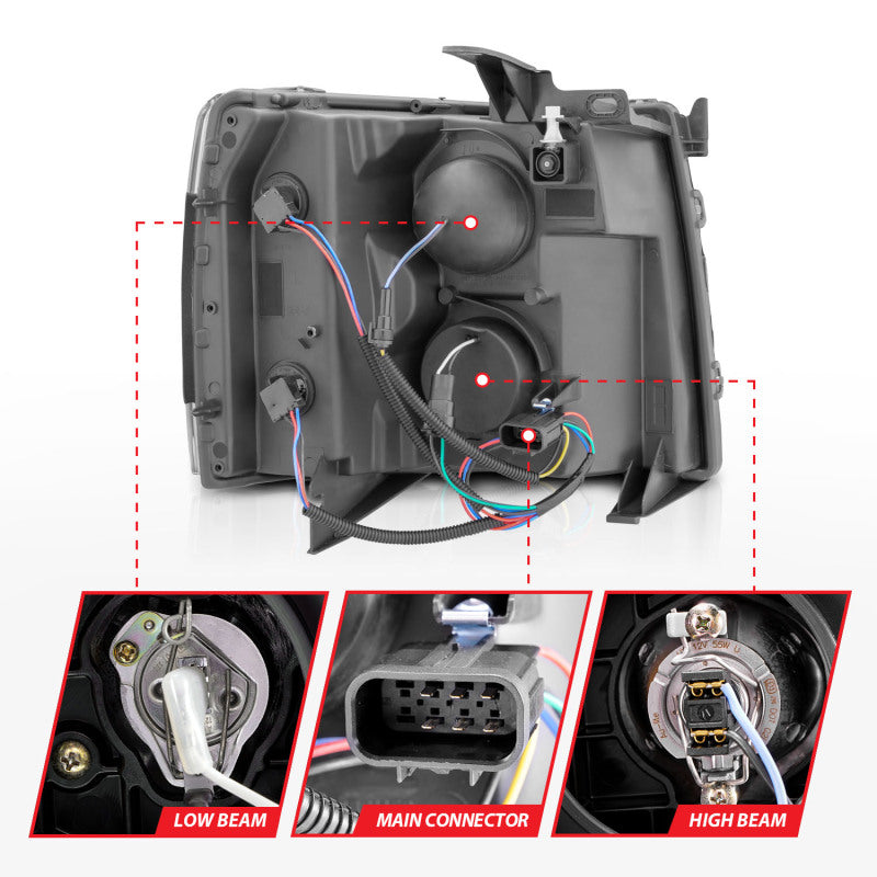 ANZO 2007-2013 Chevrolet Silverado 1500 Projector w/ Light Bar Black Housing w/ Sequential - Burkken Auto Parts