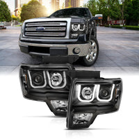 ANZO 2009-2014 Ford F-150 Projector Headlights w/ U-Bar Switchback Black w/ Amber - Burkken Auto Parts