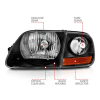 ANZO 1997-2003 Ford F150 Crystal Headlight Black w/ Parking Light - Burkken Auto Parts