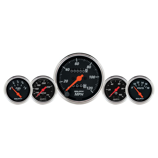 AutoMeter Gauge Kit 5 Pc. 3-1/8in. & 2-1/16in. Mech. Speedo. Wtmp & Oilp Designer Blk - Burkken Auto Parts