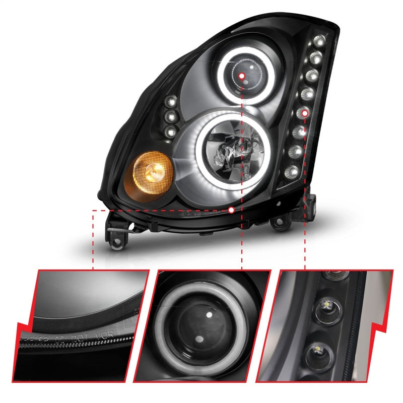 ANZO 2003-2007 Infiniti G35 Projector Headlights w/ Halo Black (CCFL) (HID Compatible) - Burkken Auto Parts