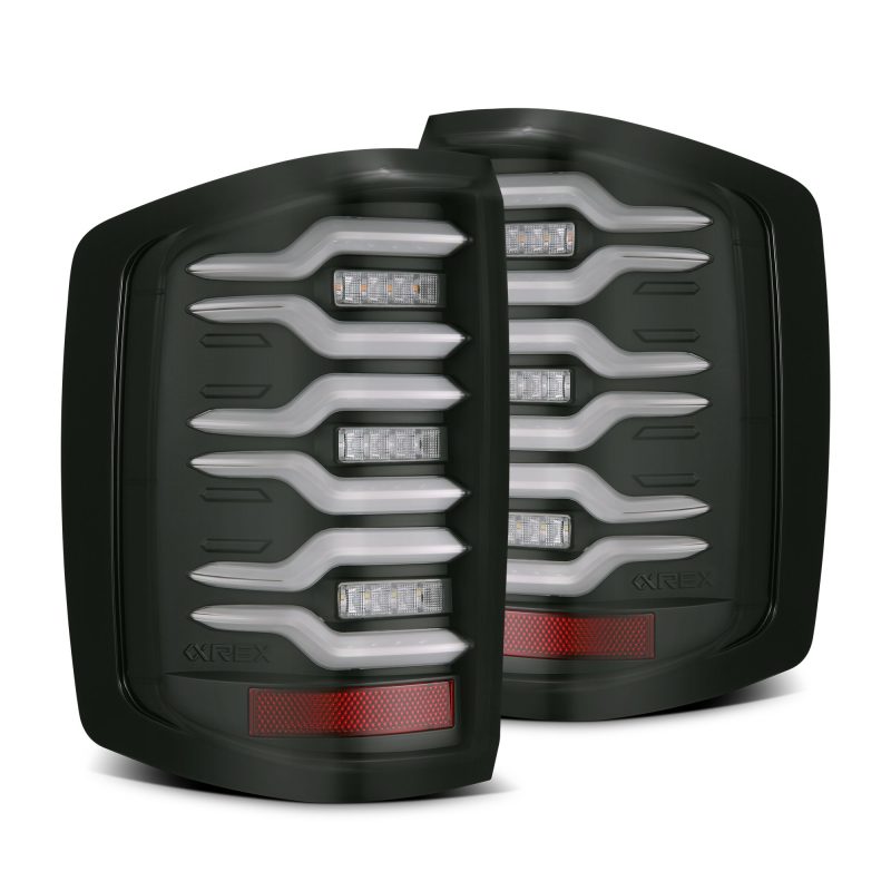 AlphaRex 14-18 Chevrolet Silverado Luxx-Series LED Tail Lights Black w/Activ Light/Seq Signal - Burkken Auto Parts