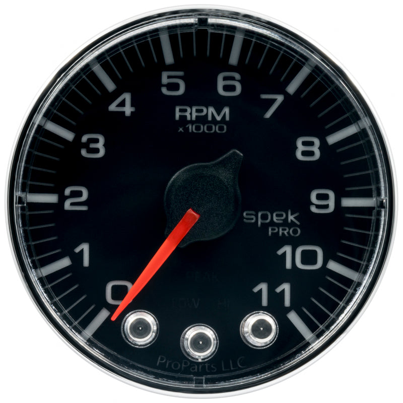 Autometer Spek-Pro Gauge Tach 2 1/16in 11K Rpm W/ Shift Light & Peak Mem Blk/Chrm - Burkken Auto Parts