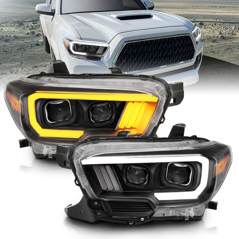 ANZO 2016-2017 Toyota Tacoma Projector Headlights w/ Plank Style Switchback Black w/ Amber - Burkken Auto Parts