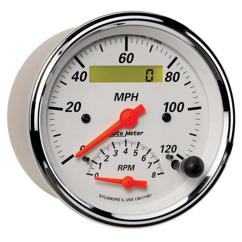 AutoMeter Gauge Tach/Speedo 3-3/8in. 120MPH & 8K RPM Elec. Program. Arctic White - Burkken Auto Parts