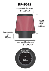 K&N Round Tapered Universal Air Filter 6in Flange ID x 7.5in Base OD x 5in Top OD x 6.5in Height - Burkken Auto Parts