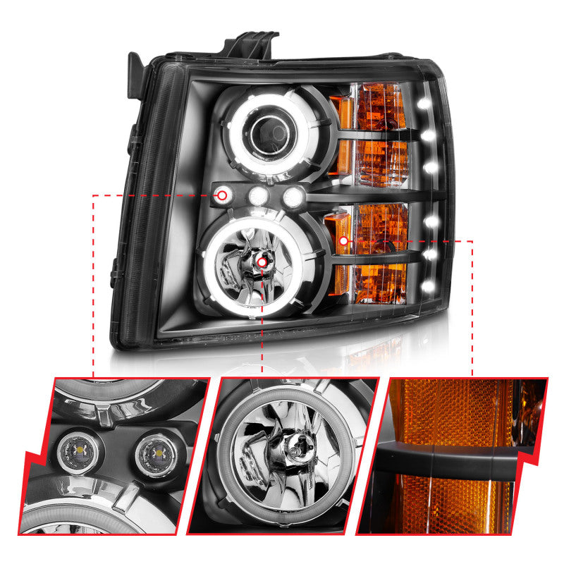 ANZO 2007-2013 Chevrolet Silverado 1500 Projector Headlights w/ Halo Black - Burkken Auto Parts