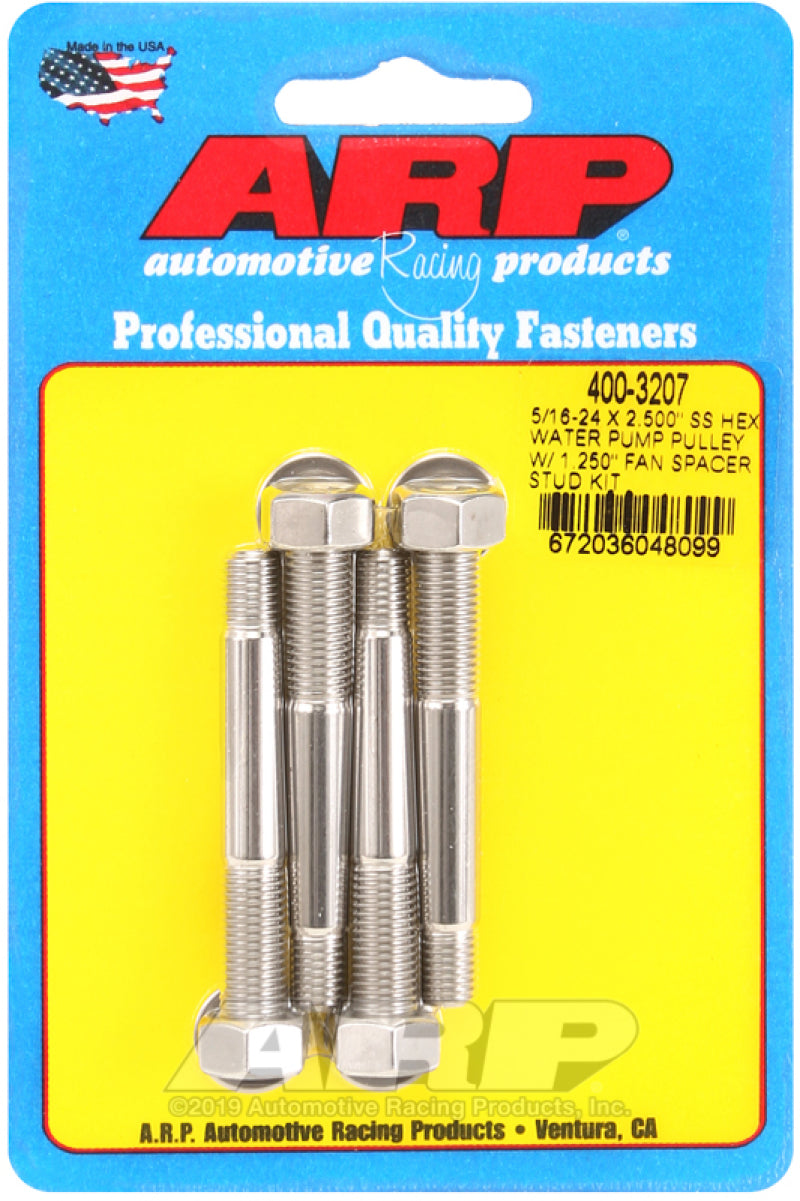 ARP 5/16-24 X 2.500 SS Hex Water Pump Pulley w/ 1.250in Fan Spacer Stud Kit - Burkken Auto Parts
