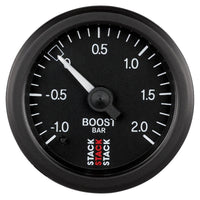 Autometer Stack 52mm -1 to +2 Bar T-Fitting 0.187in Barb (M) Mechanical Boost Pressure Gauge - Black - Burkken Auto Parts