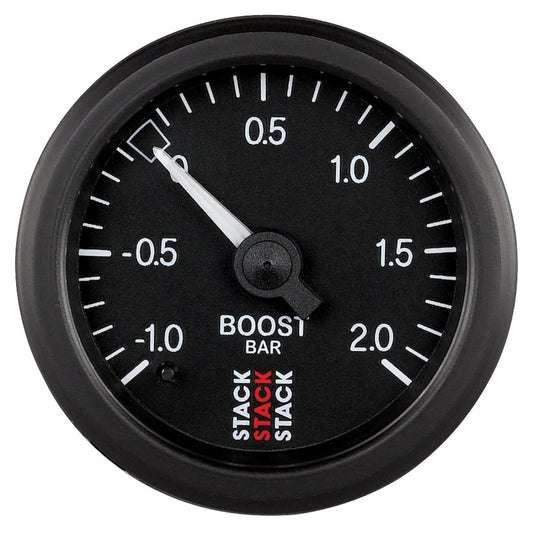 Autometer Stack 52mm -1 to +2 Bar T-Fitting 0.187in Barb (M) Mechanical Boost Pressure Gauge - Black - Burkken Auto Parts