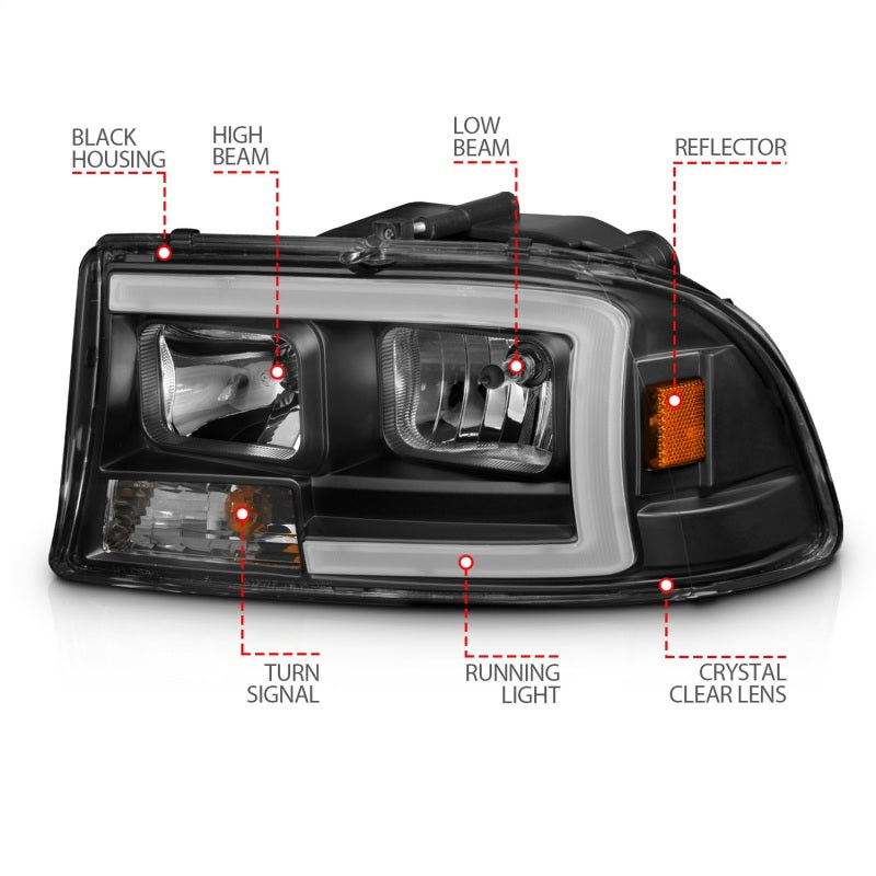 ANZO 97-04 Dodge Dakota/Durango Crystal headlight Set w/ Light Bar Black Housing - Burkken Auto Parts