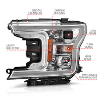 ANZO 2018-2020 Ford F-150 Projector Headlight w/Plank Style Switchback Chrome Housing - Burkken Auto Parts