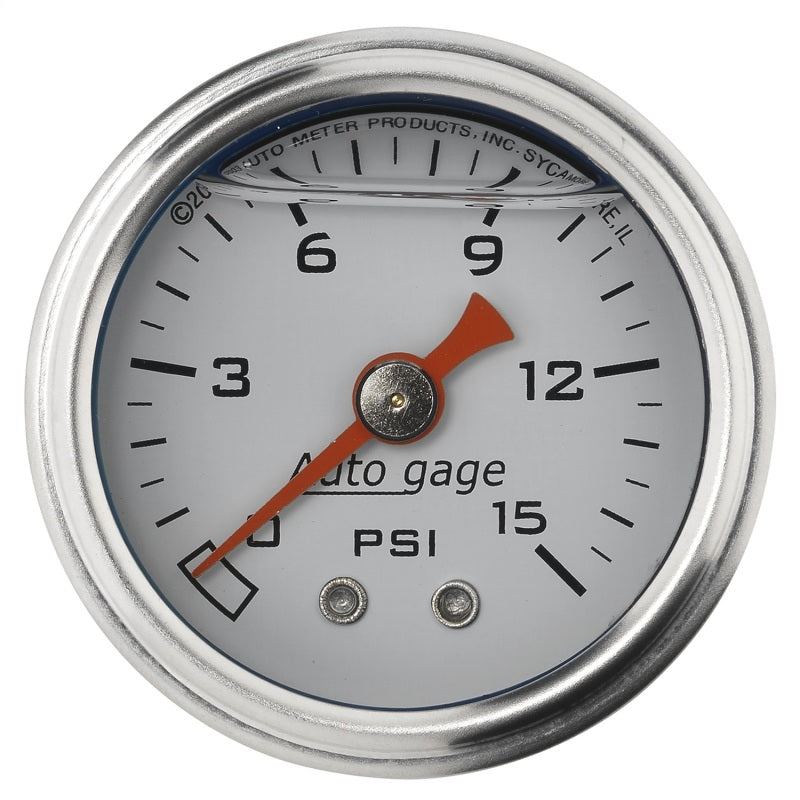 Autometer AutoGage 1.5in Liquid Filled Mechanical 0-15 PSI Fuel Pressure Gauge - White - Burkken Auto Parts