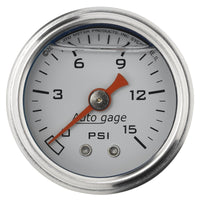 Autometer AutoGage 1.5in Liquid Filled Mechanical 0-15 PSI Fuel Pressure Gauge - White - Burkken Auto Parts