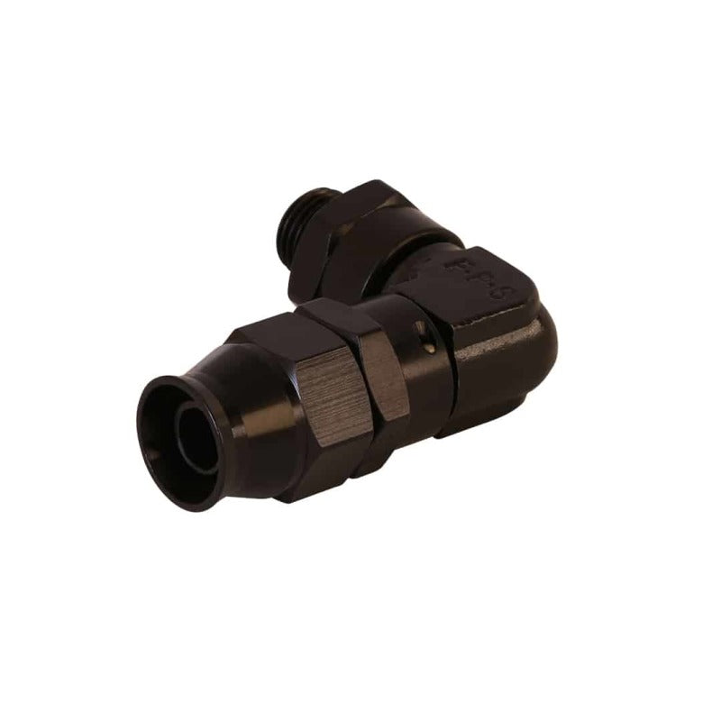 Aeromotive PTFE Hose End - AN-06 to AN-08 Hose - 90 Deg - Black Anodized - Burkken Auto Parts