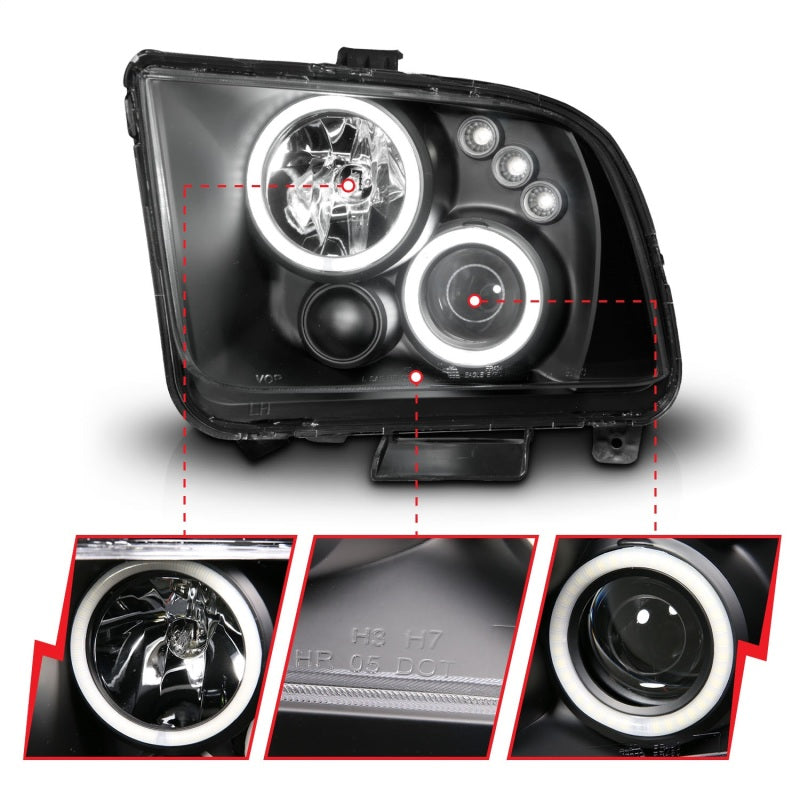 ANZO 2005-2009 Ford Mustang Projector Headlights w/ Halo Black - Burkken Auto Parts