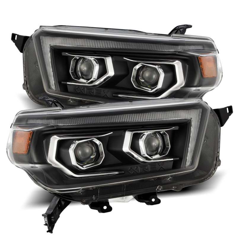AlphaRex 10-13 Toyota 4Runner LUXX LED Proj Headlights Plank Style Black w/Seq Signal/DRL - Burkken Auto Parts