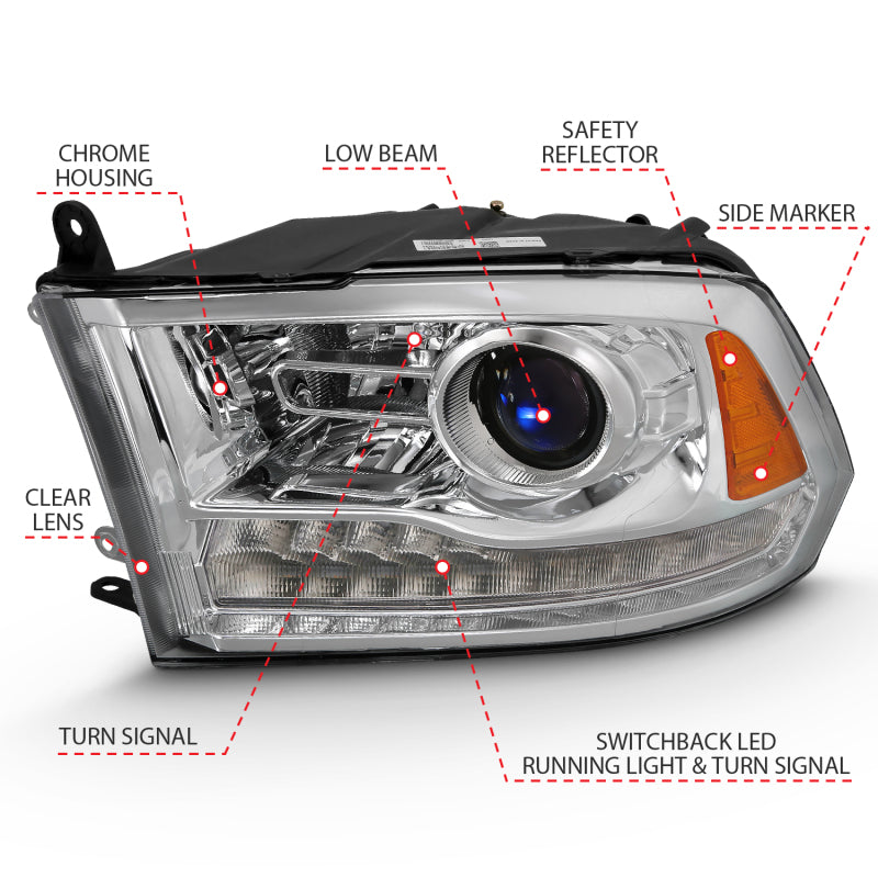 ANZO 2009-2018 Dodge Ram 1500 Projector Plank Style Switchback H.L Halo Chrome Amber (OE Style) - Burkken Auto Parts