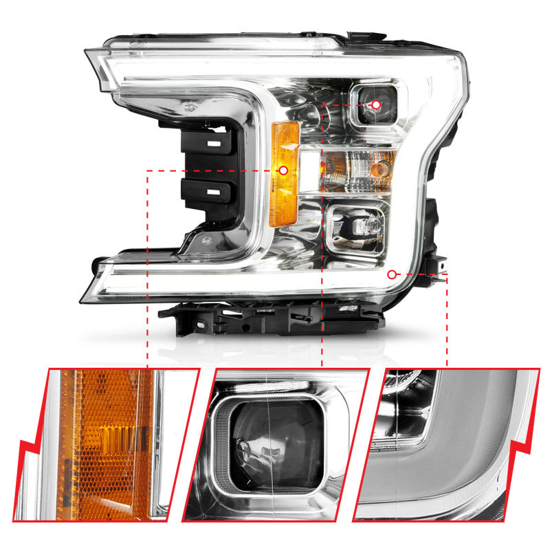 ANZO 18-19 Ford F-150 Projector Headlights w/Plank Style Switchback Chrome w/Amber - Burkken Auto Parts