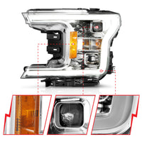 ANZO 18-19 Ford F-150 Projector Headlights w/Plank Style Switchback Chrome w/Amber - Burkken Auto Parts