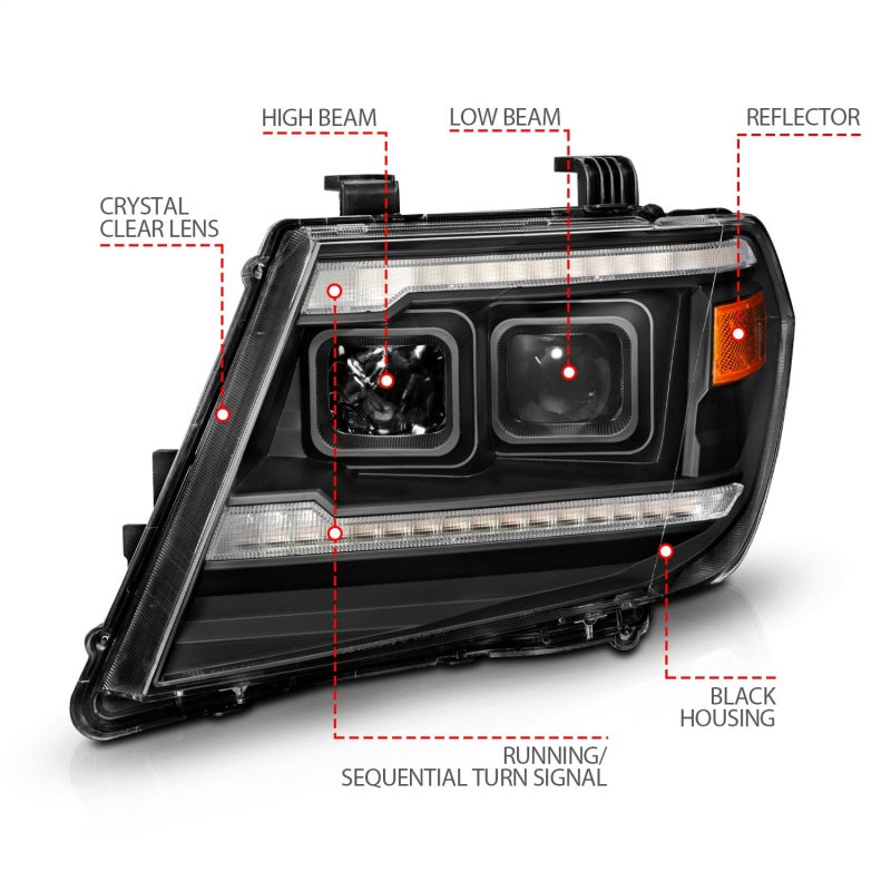 ANZO 09-20 Nissan Frontier Black Projector Plank Style DRL w/ Switchback & Sequential LED DRL - Burkken Auto Parts