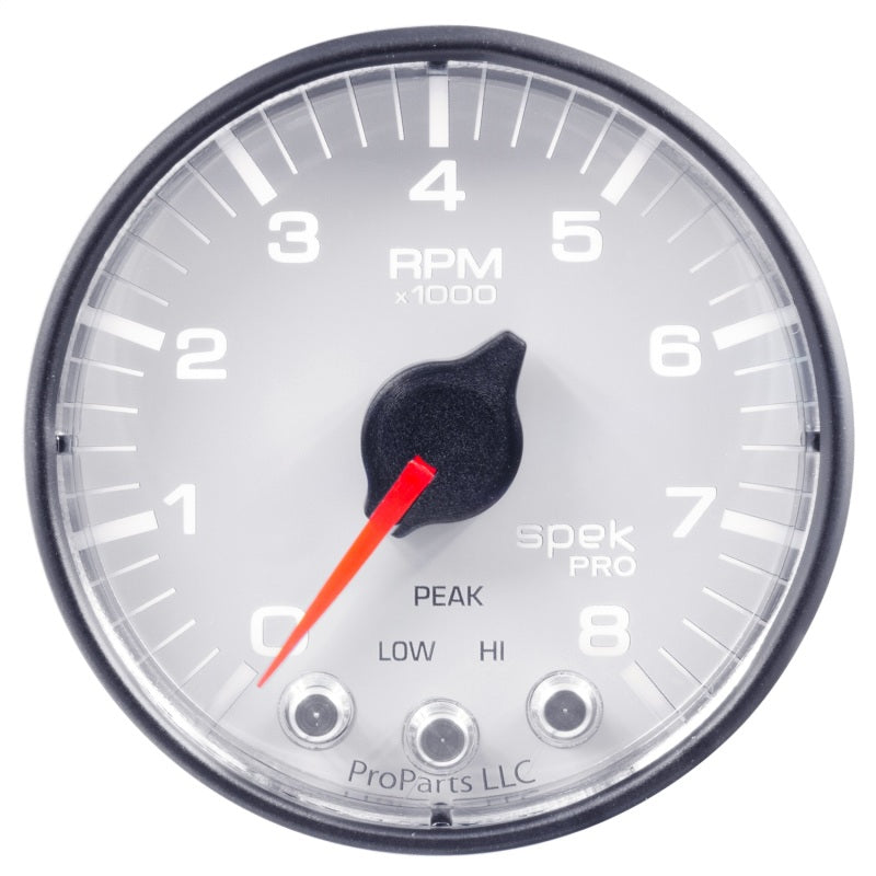 Autometer Spek-Pro Gauge Tach 2 1/16in 8K Rpm W/ Shift Light & Peak Mem Wht/Blk - Burkken Auto Parts
