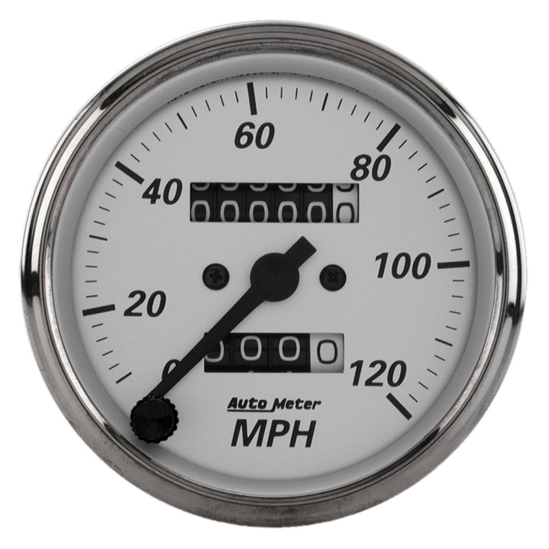 Autometer 3-1/8in Silver Bezel/White Face 120mph Mechanical In-Dash Tacho/Speedometer w/ Trip Gauge - Burkken Auto Parts
